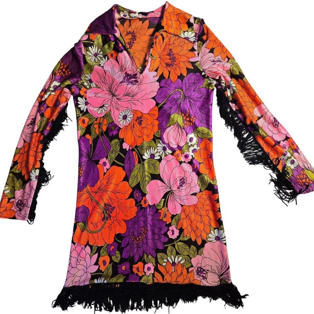 Vintage 70s Floral Fringe Dress Women's Size 5 - Picture 3 of 7
